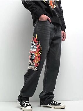 Ed Hardy Tiger Flame Black Wash Relaxed Jeans with Red & Yellow